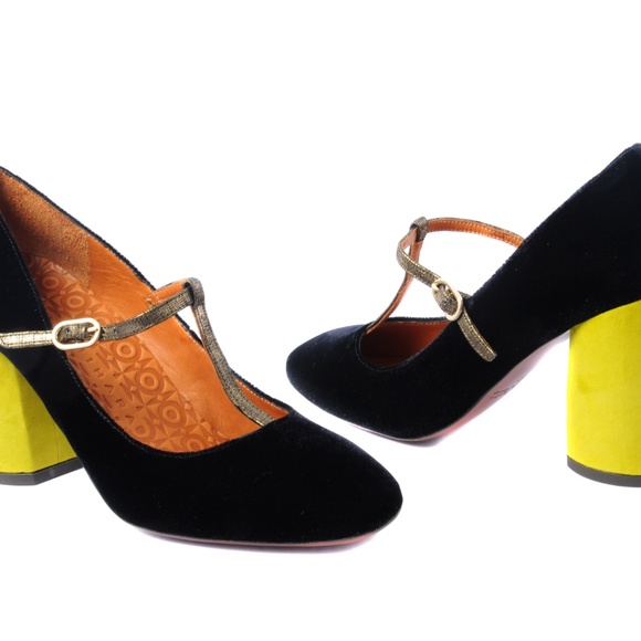 Chie Mihara Black Velvet T-Strap with colored heel - Picture 3 of 5